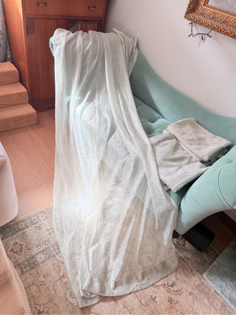 6 panels of Pale Mint Green Net Sheer Sparkle Curtains